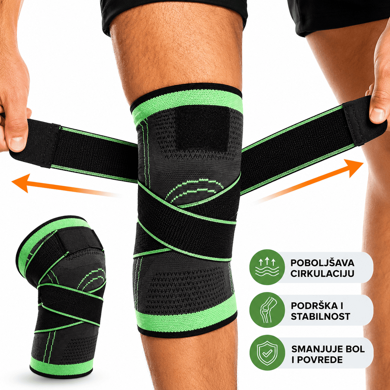 Elastični steznici za kolena 2 komada u akciji 1+1 gratis, dizajnirani za stabilno prijanjanje i dodatnu podršku tokom hodanja, treninga i sportskih aktivnosti.