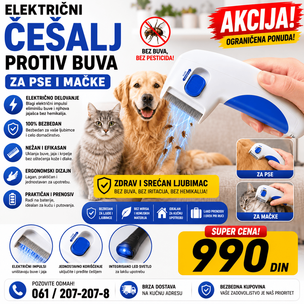 Električni češalj protiv buva za pse i mačke, praktičan uređaj za pregled i održavanje dlake kućnih ljubimaca bez upotrebe pesticida.