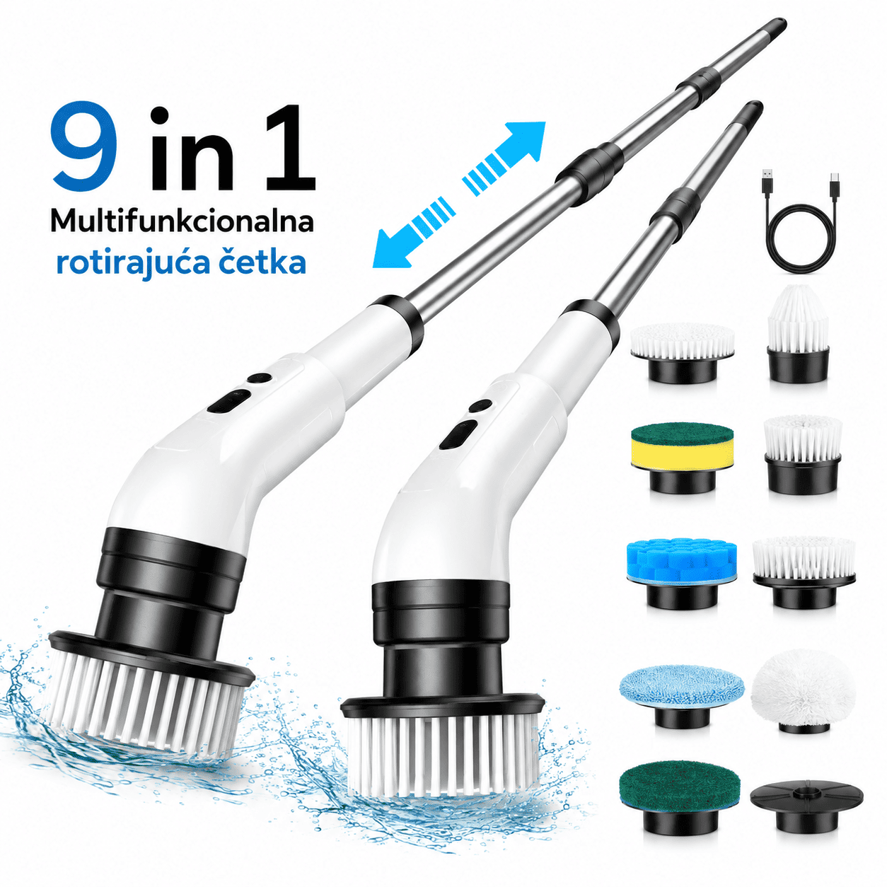 Električna četka za čišćenje 9 u 1 sa različitim nastavcima, praktična za čišćenje kupatila, pločica, podova, kade, tuš kabine i drugih površina.