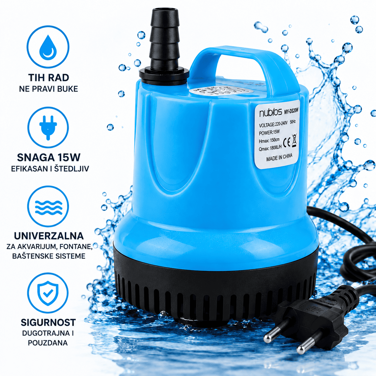 Električna potapajuća pumpa 15W za akvarijume, fontane i dekorativne vodene sisteme, kompaktnog dizajna i jednostavna za postavljanje.