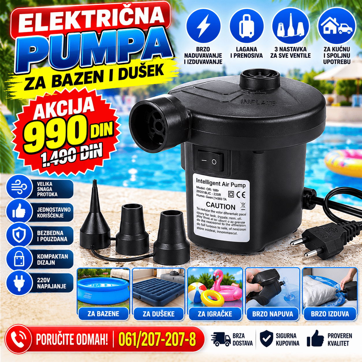 Električna pumpa za bazen i dušek sa 220V napajanjem i nastavcima za brzo naduvavanje i izduvavanje.