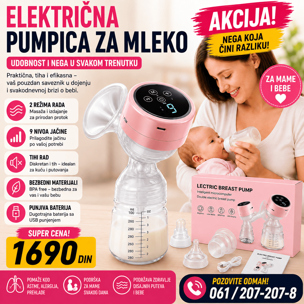 Prenosiva električna pumpica za grudi sa bočicom i mekanim nastavkom, dizajnirana za praktičnu svakodnevnu upotrebu tokom perioda dojenja.