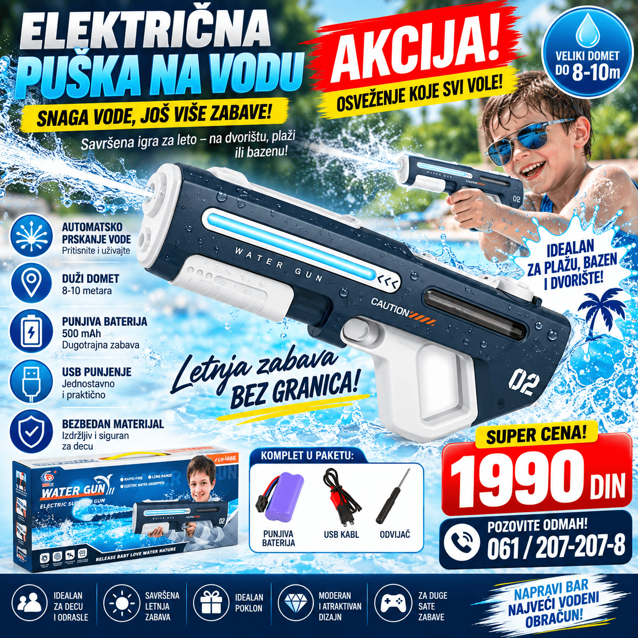 Električna puška na vodu sa punjivom baterijom i USB punjenjem, idealna za letnju igru na plaži, bazenu i u dvorištu.