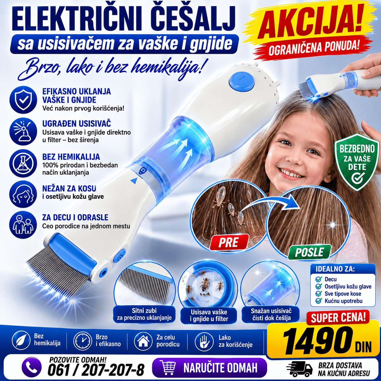 Električni češalj za uklanjanje vaški i gnjida sa funkcijom usisavanja, praktičan uređaj za temeljno prolazak kroz kosu od korena do vrhova.