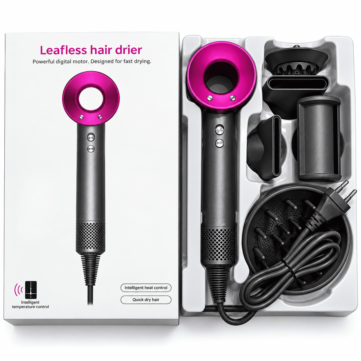 Električni fen za kosu Super Hair Dryer 1600W sa pet praktičnih nastavaka za precizno usmeravanje vazduha i jednostavno stilizovanje kose.