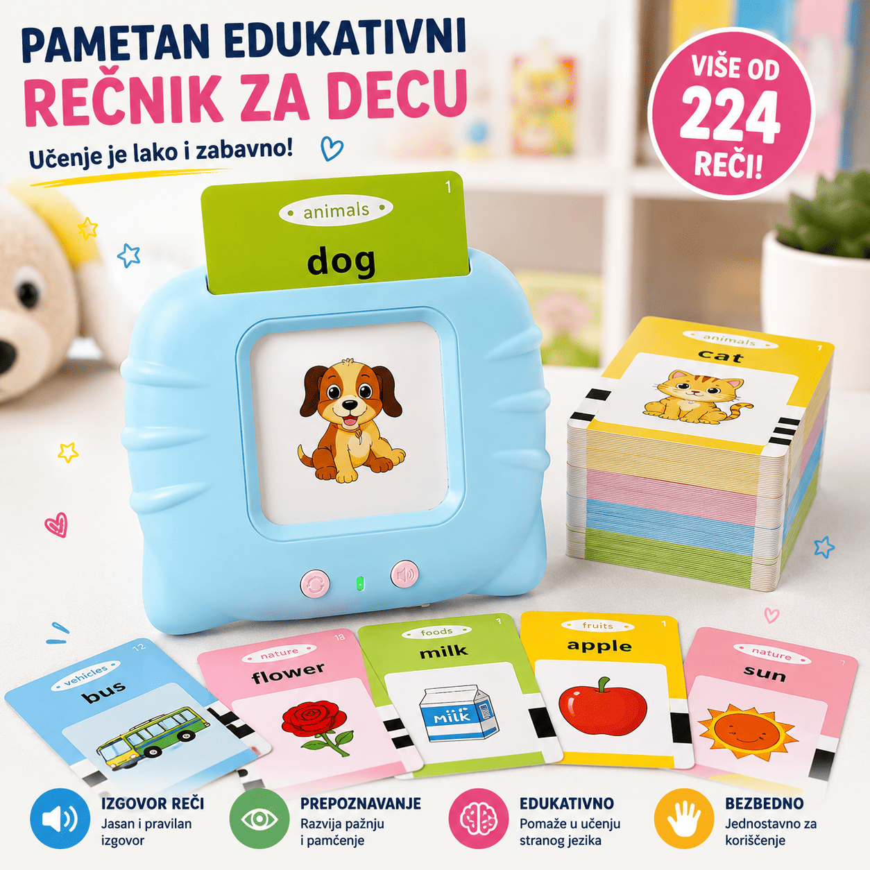 Elektronski edukativni uređaj sa 112 kartica za učenje engleskih reči i izgovora, odličan izbor za predškolsku edukaciju i kreativno učenje kod kuće.