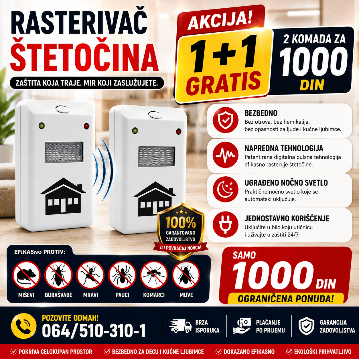 Elektronski rasterivač štetočina Riddex Plus namenjen je za zaštitu doma od miševa, pacova, buba, mrava, paukova i drugih neželjenih insekata. Jednostavno se uključuje u utičnicu, poseduje ugrađeno noćno svetlo i radi bez hemikalija, otrova i neprijatnih mirisa.