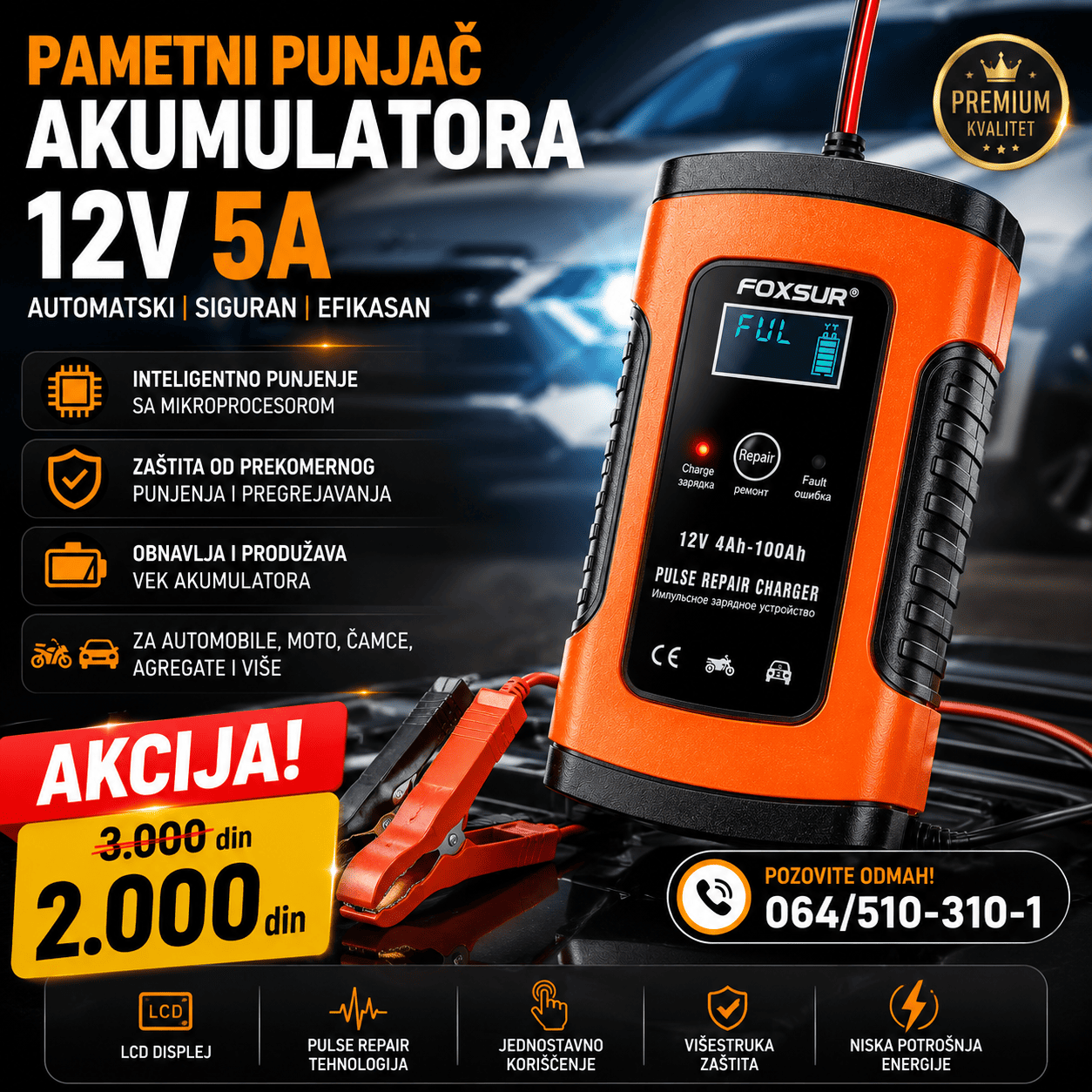 FOXSUR charger za AGM, GEL, SLA i olovne akumulatore.