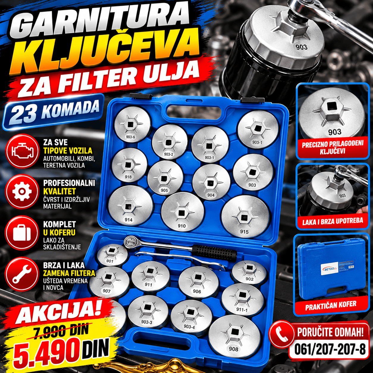Garnitura ključeva za filter ulja 23 komada, profesionalni set alata za jednostavno skidanje i postavljanje filtera ulja na automobilima.