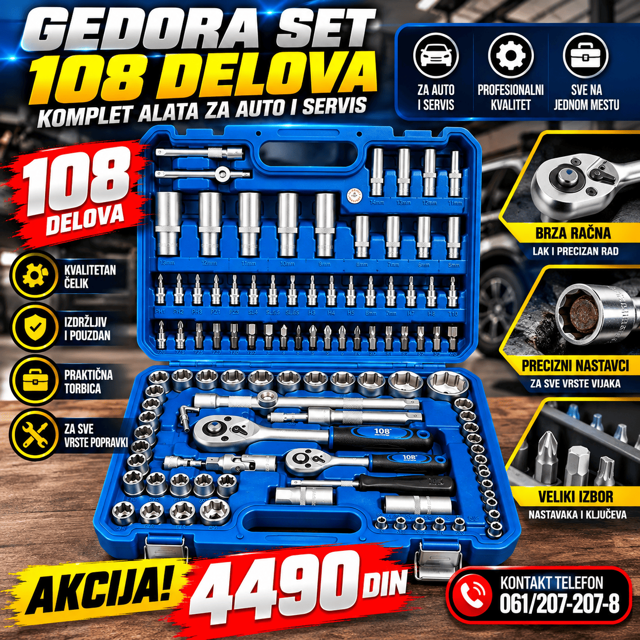 Gedora set 108 delova, profesionalni komplet nasadnih ključeva i nastavaka za popravku automobila, servisiranje i kućne majstorske radove.