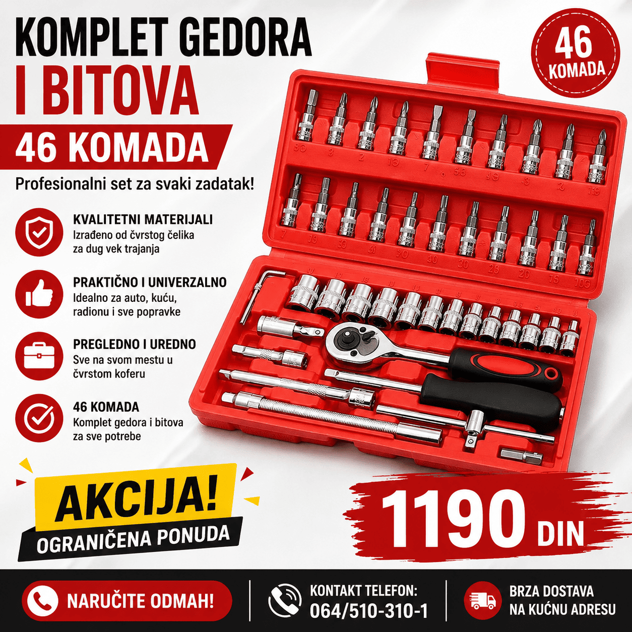 Gedora set 46 delova – imbusi, torex i šrafciger nastavci u jednom kompletu. Idealno za kućne i profesionalne popravke.