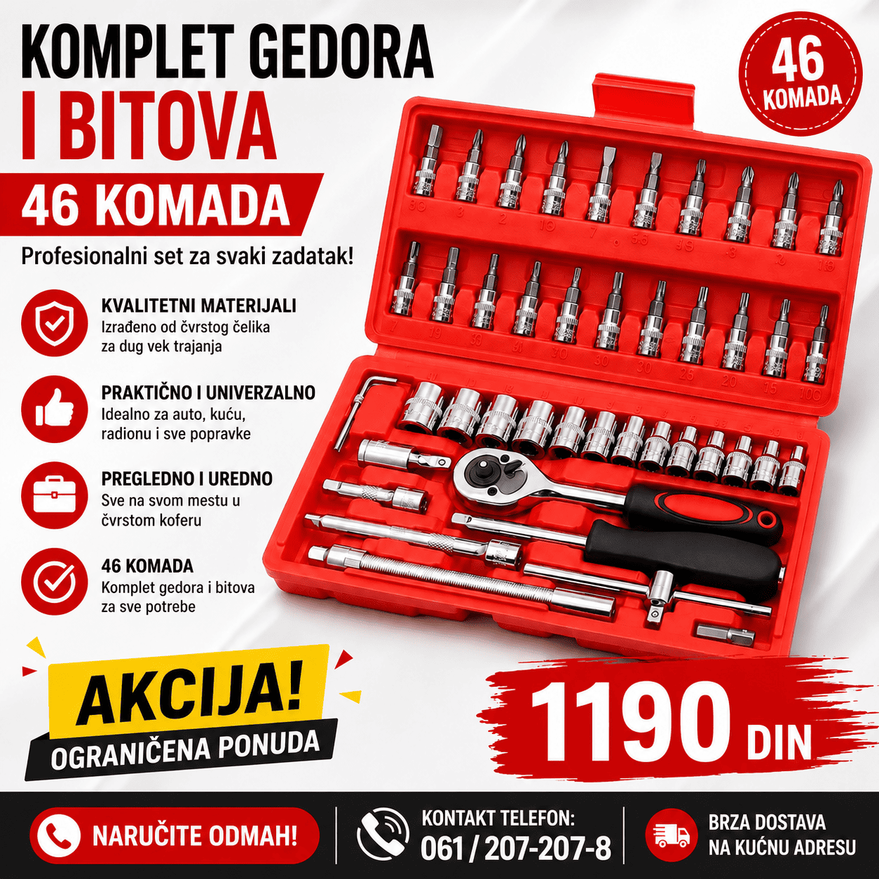 Gedora set 46 delova – imbusi, torex i šrafciger nastavci u jednom kompletu. Idealno za kućne i profesionalne popravke.