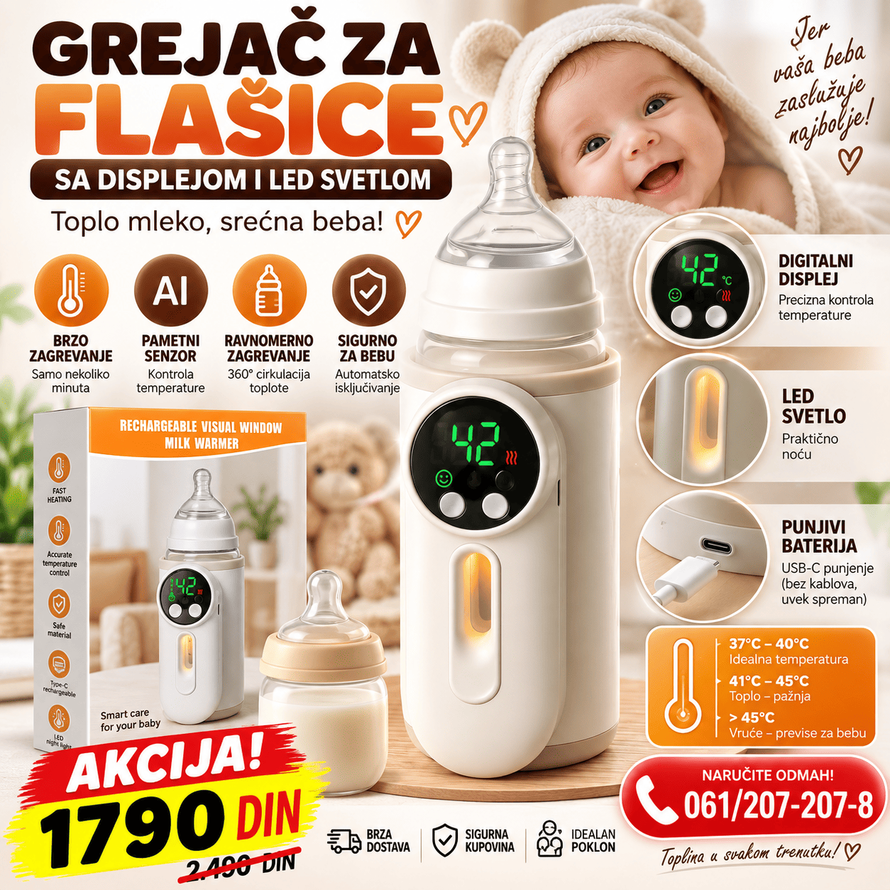 Grejač za flašice sa digitalnim displejom i LED svetlom, namenjen za brzo i ravnomerno zagrevanje mleka i hrane za bebe.
