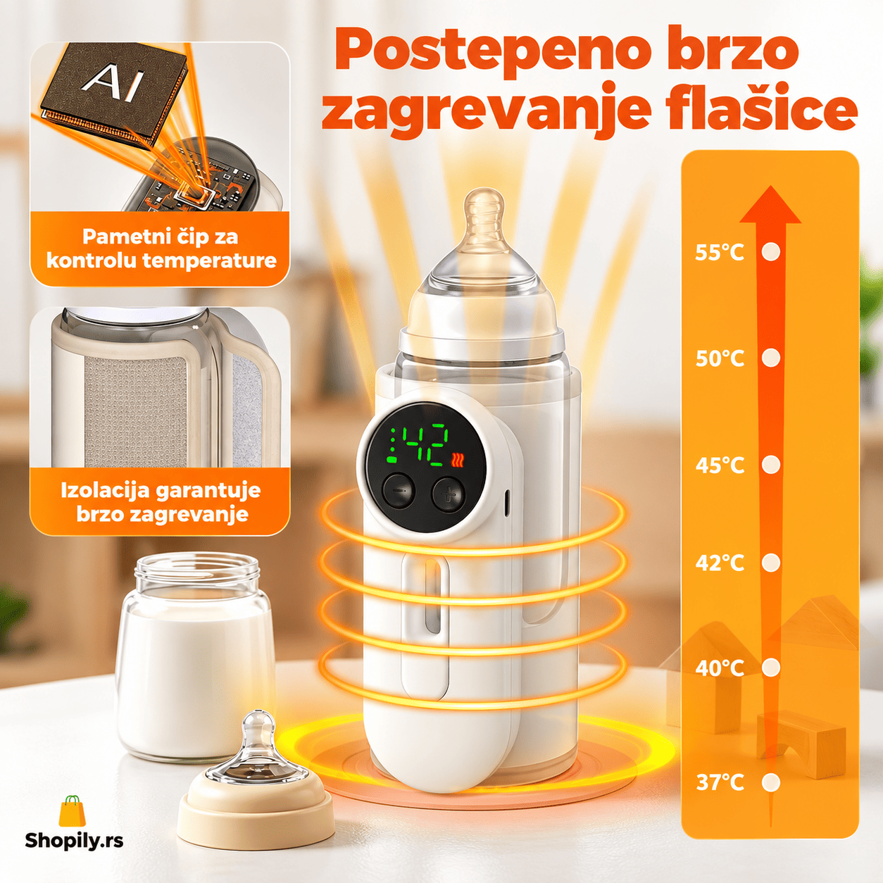 Grejač za mleko i flašice sa digitalnim ekranom, pametnom kontrolom temperature i ravnomernim zagrevanjem od 360 stepeni.