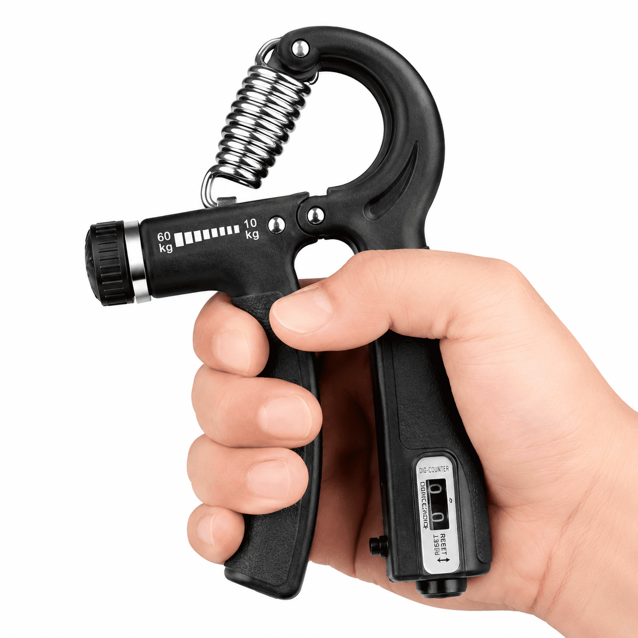 Hand Grip sa brojačem i ergonomskom drškom za vežbanje prstiju, šake i podlaktice, kompaktan za korišćenje kod kuće, na poslu ili putovanju.