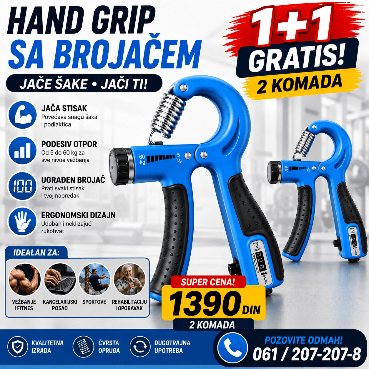 Hand Grip sa ugrađenim brojačem ponavljanja i podesivim otporom, namenjen za vežbanje i jačanje šake, prstiju i podlaktice.