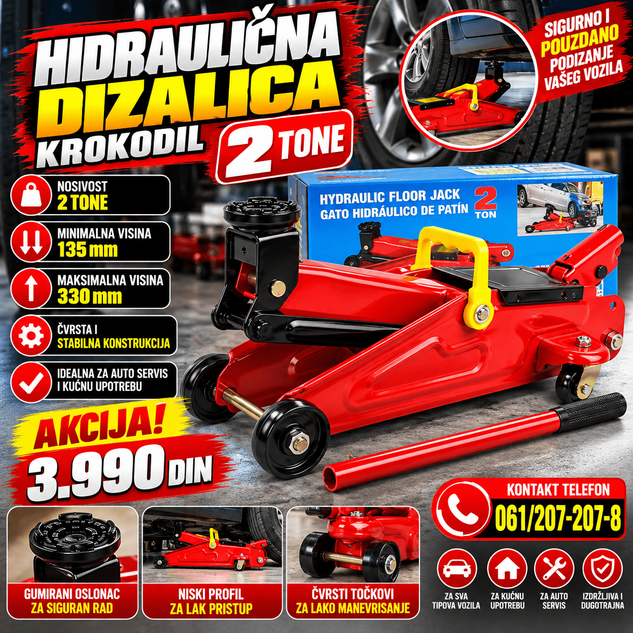 Hidraulična dizalica Krokodil 2 tone, profesionalna auto dizalica sa točkićima za jednostavno podizanje automobila prilikom servisiranja i zamene guma.