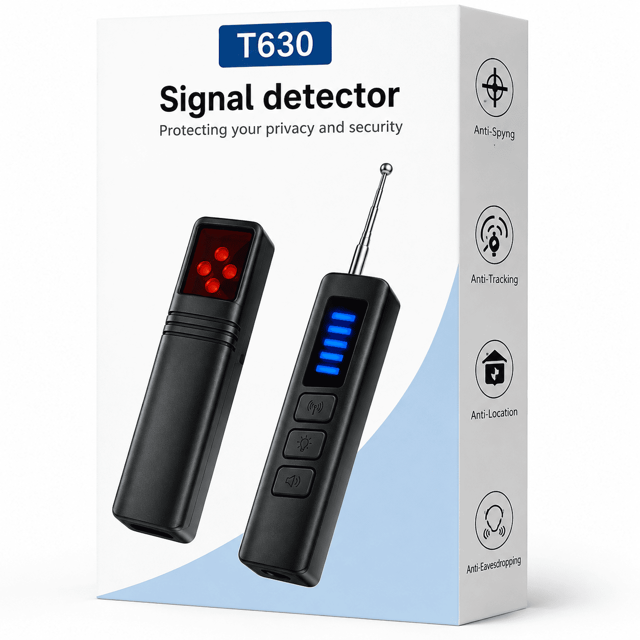 Kompaktni T630 Signal Detector za detekciju određenih radio-frekventnih signala i proveru skrivenih kamera, praktičan za kućnu i putnu upotrebu.