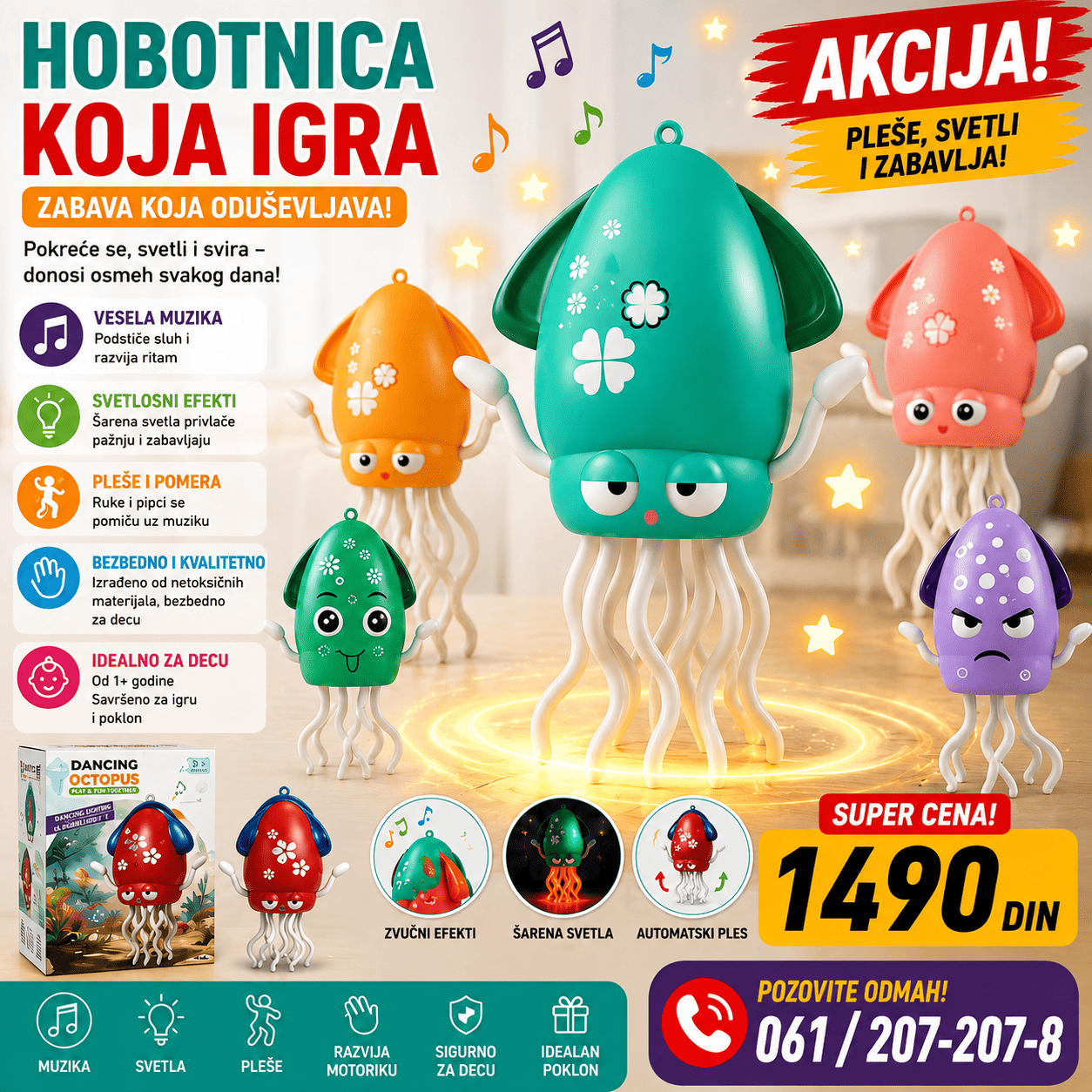 Interaktivna igračka hobotnica koja igra i pomera pipke, zabavna dečija igračka atraktivnog dizajna za igru kod kuće.