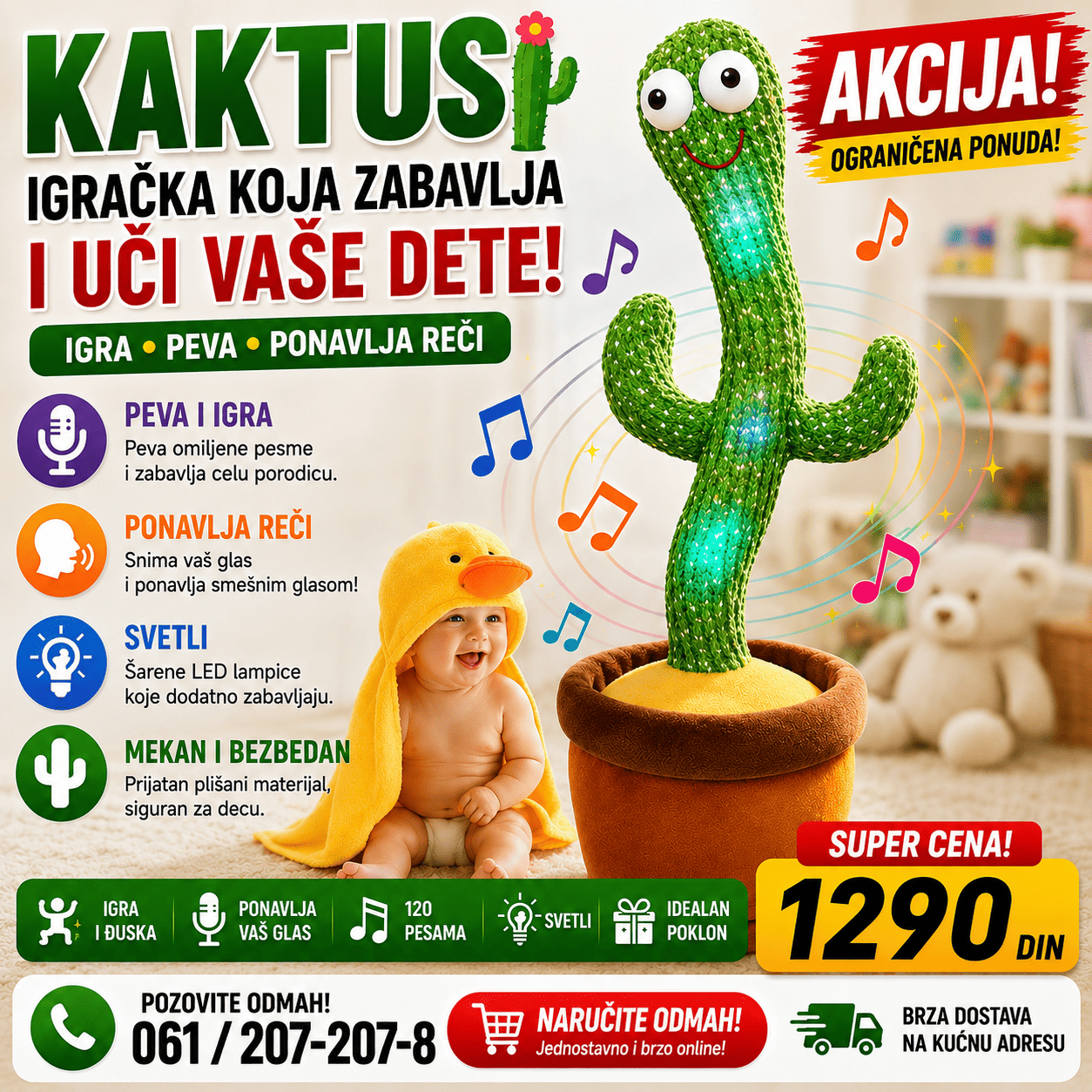 Interaktivni kaktus koji pleše, peva i ponavlja izgovorene reči, zabavna dečija igračka sa veselim pokretima, muzikom i svetlosnim efektima.