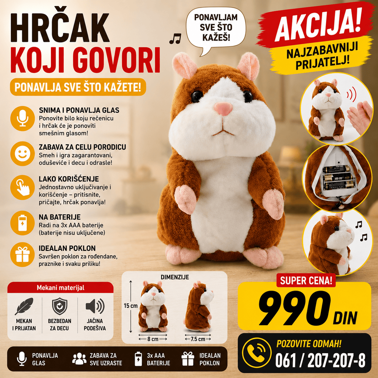 Interaktivni plišani hrčak koji govori i ponavlja izgovorene reči, zabavna igračka za decu sa mekanim i simpatičnim dizajnom.