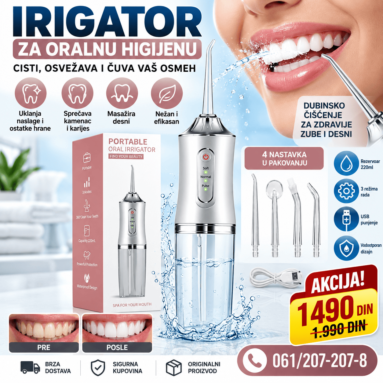 Irigator za oralnu higijenu sa snažnim mlazom vode, namenjen za temeljno čišćenje prostora između zuba i održavanje zdravih desni.