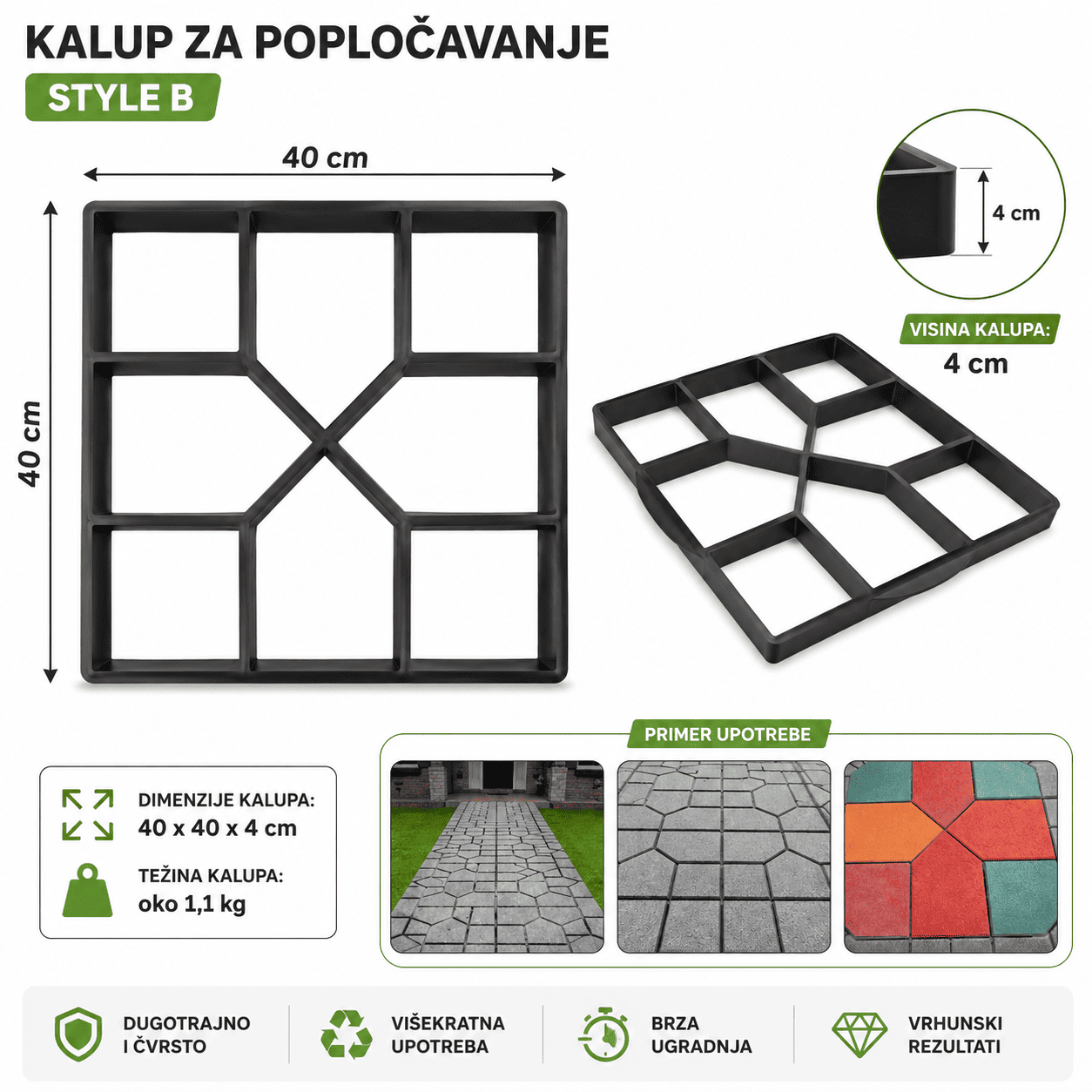 Kalup za betonske ploče sa geometrijskim dizajnom omogućava lako oblikovanje betona u dekorativne segmente koji se savršeno uklapaju u moderno uređene spoljašnje prostore.