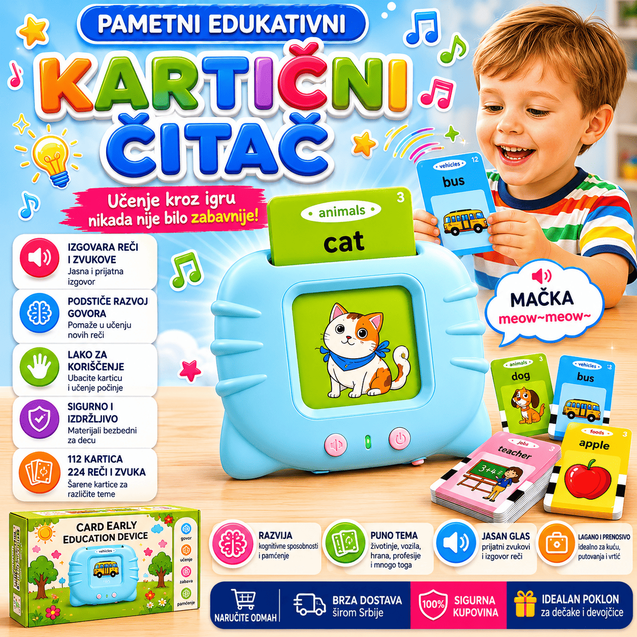 Kartice za učenje namenjene deci koja žele da na zabavan način upoznaju svet životinja, voća, povrća, zanimanja i drugih kategorija. Vizuelno privlačan dizajn privlači pažnju i motiviše decu na aktivno učenje.