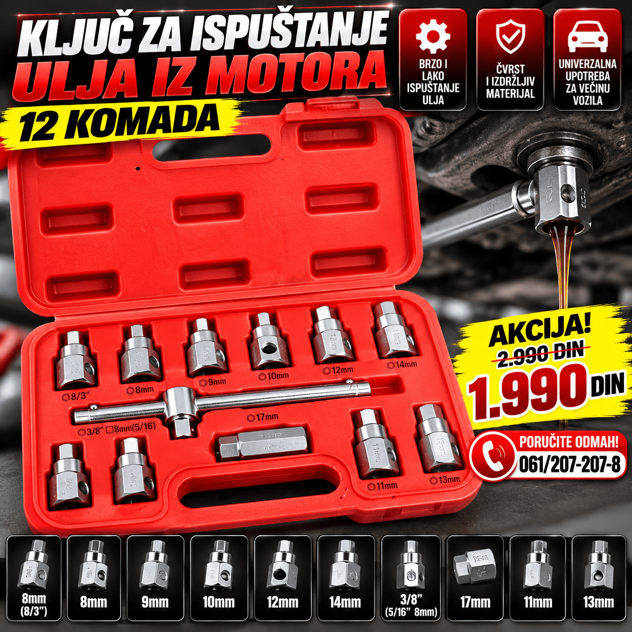 Ključ za ispuštanje ulja iz motora 12 komada, profesionalni set alata za odvrtanje čepova kartera i jednostavnu zamenu motornog ulja.