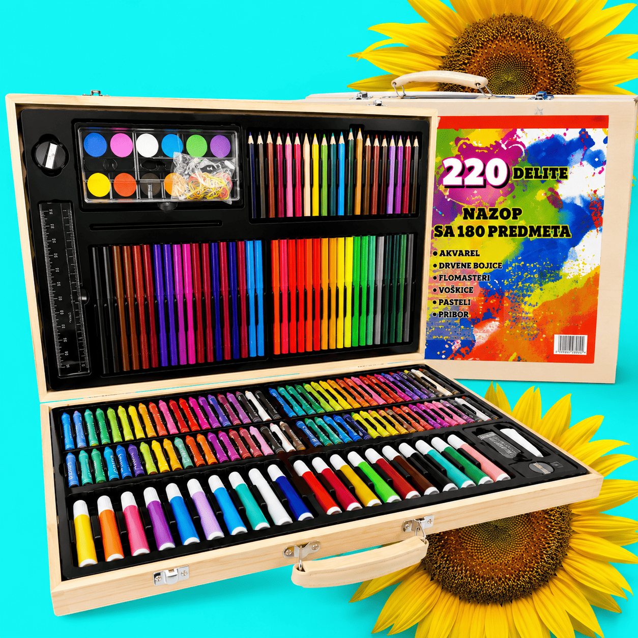 Komplet za crtanje i bojenje od 220 delova u praktičnom koferu, sa raznovrsnim bojicama, flomasterima i drugim priborom za kreativne dečije aktivnosti.