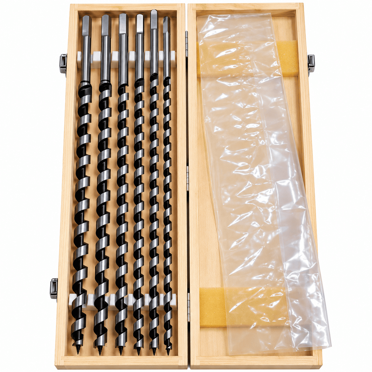 Komplet od 6 burgija za drvo različitih dimenzija, dužine 460 mm, pogodan za montažne, stolarske i građevinske poslove koji zahtevaju duboko bušenje.