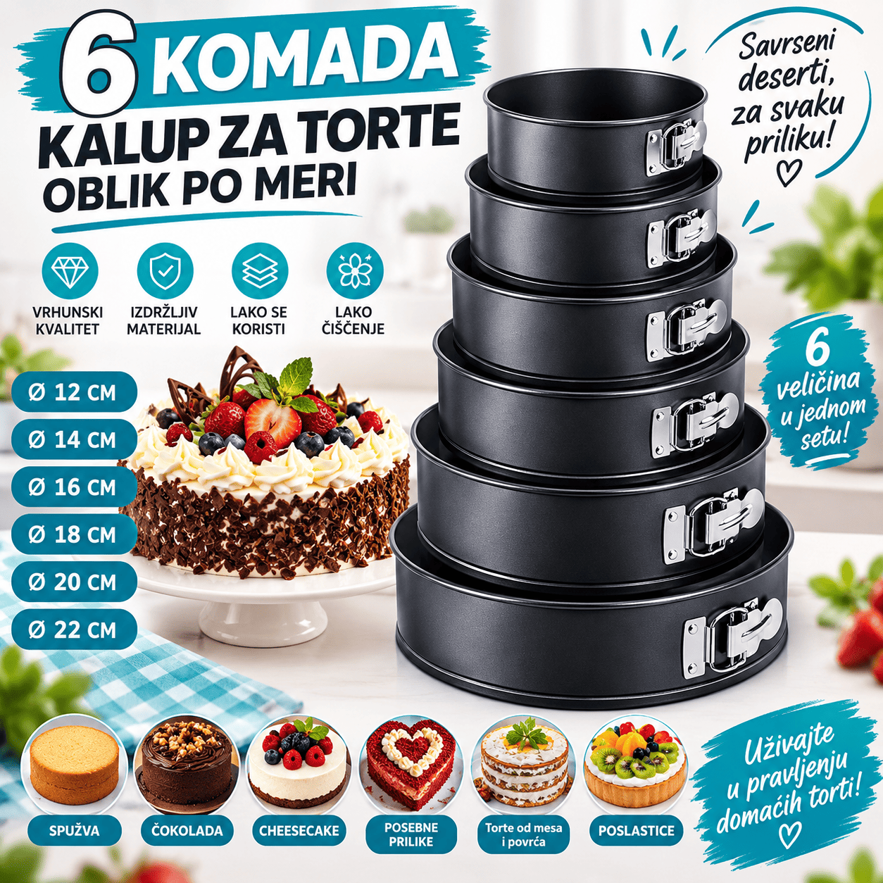 Komplet od 6 okruglih kalupa za pečenje sa bočnim kopčama za jednostavno otvaranje i lakše vađenje gotovih torti i kolača.