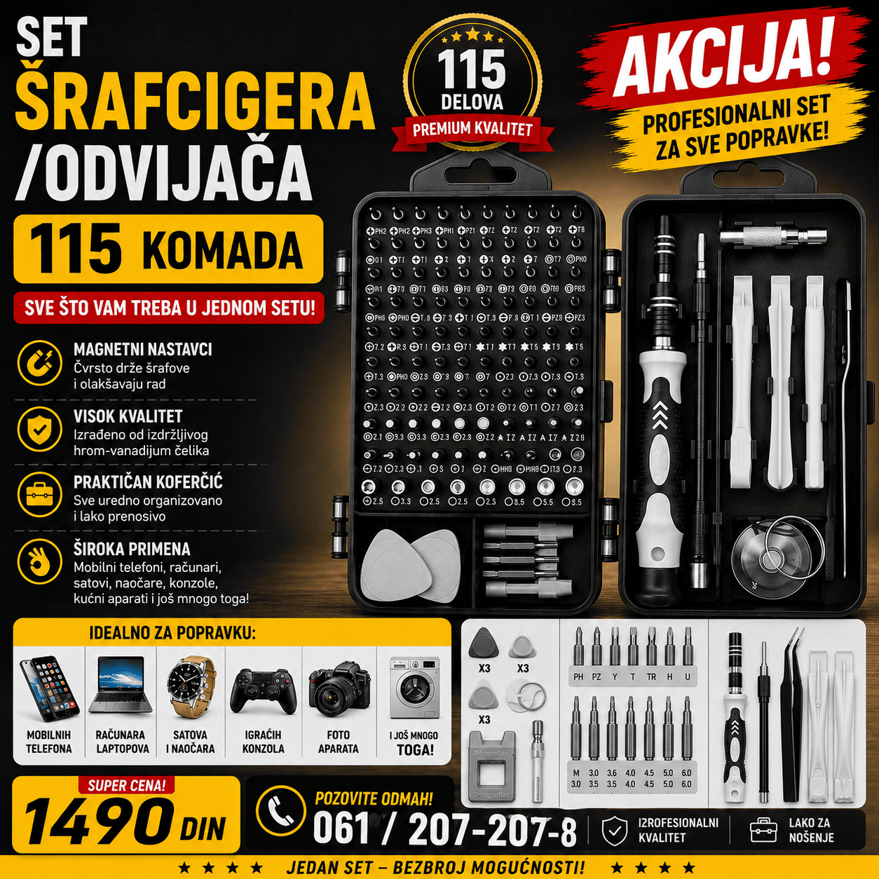 Komplet preciznih odvijača 115 delova sa velikim izborom bitova i dodatnog alata, praktičan za popravku telefona, laptopova, računara i elektronike.