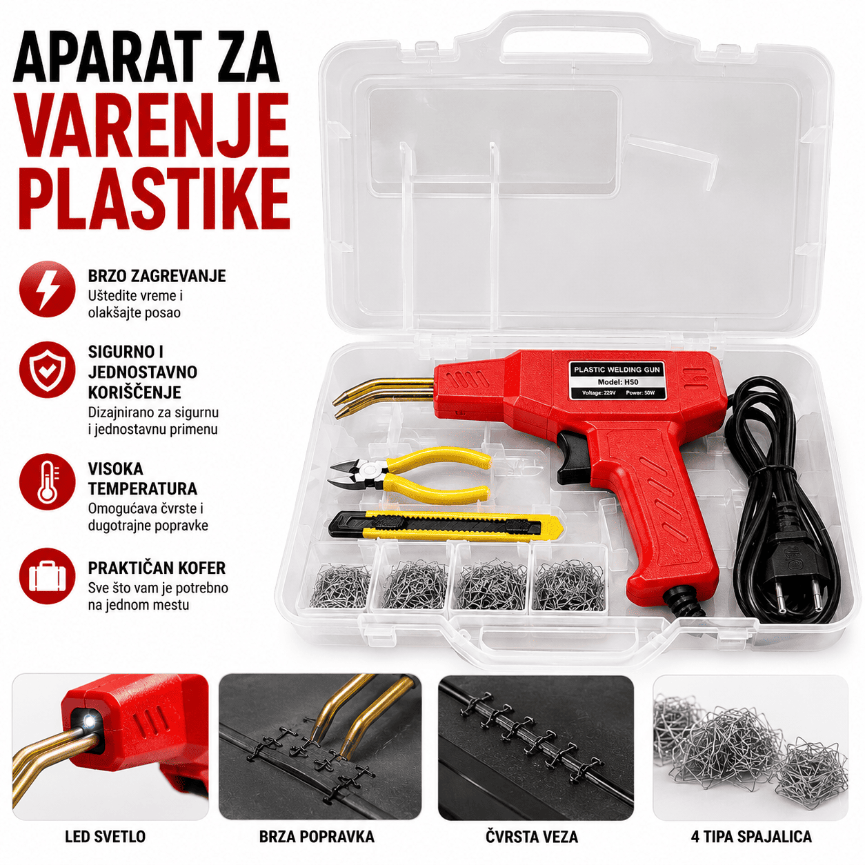 Komplet za reparaciju plastike uključuje pištolj za zavarivanje, više vrsta metalnih spajalica, sečice za uklanjanje viška materijala i praktičnu kutiju za odlaganje. Namenjen je profesionalnim majstorima i kućnim korisnicima koji žele kvalitetne popravke.