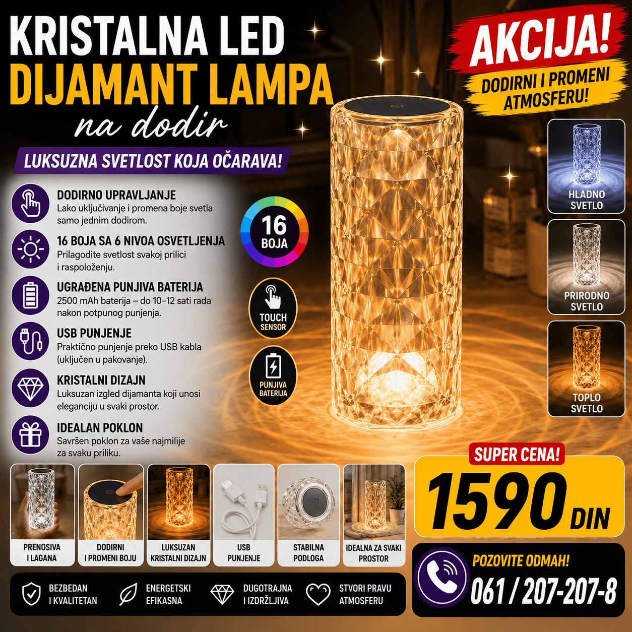 Kristalna LED lampa na dodir sa RGB osvetljenjem i 16 boja, punjiva dekorativna lampa za spavaću sobu, dnevni boravak i noćni stočić.