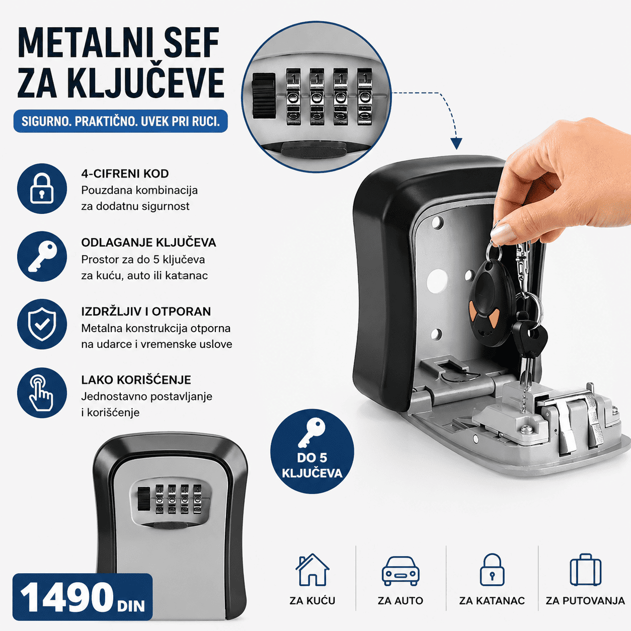 Kutija za ključeve sa sigurnosnom kombinacijom i metalnim kućištem omogućava bezbedno odlaganje rezervnih ključeva na otvorenom ili u zatvorenom prostoru.