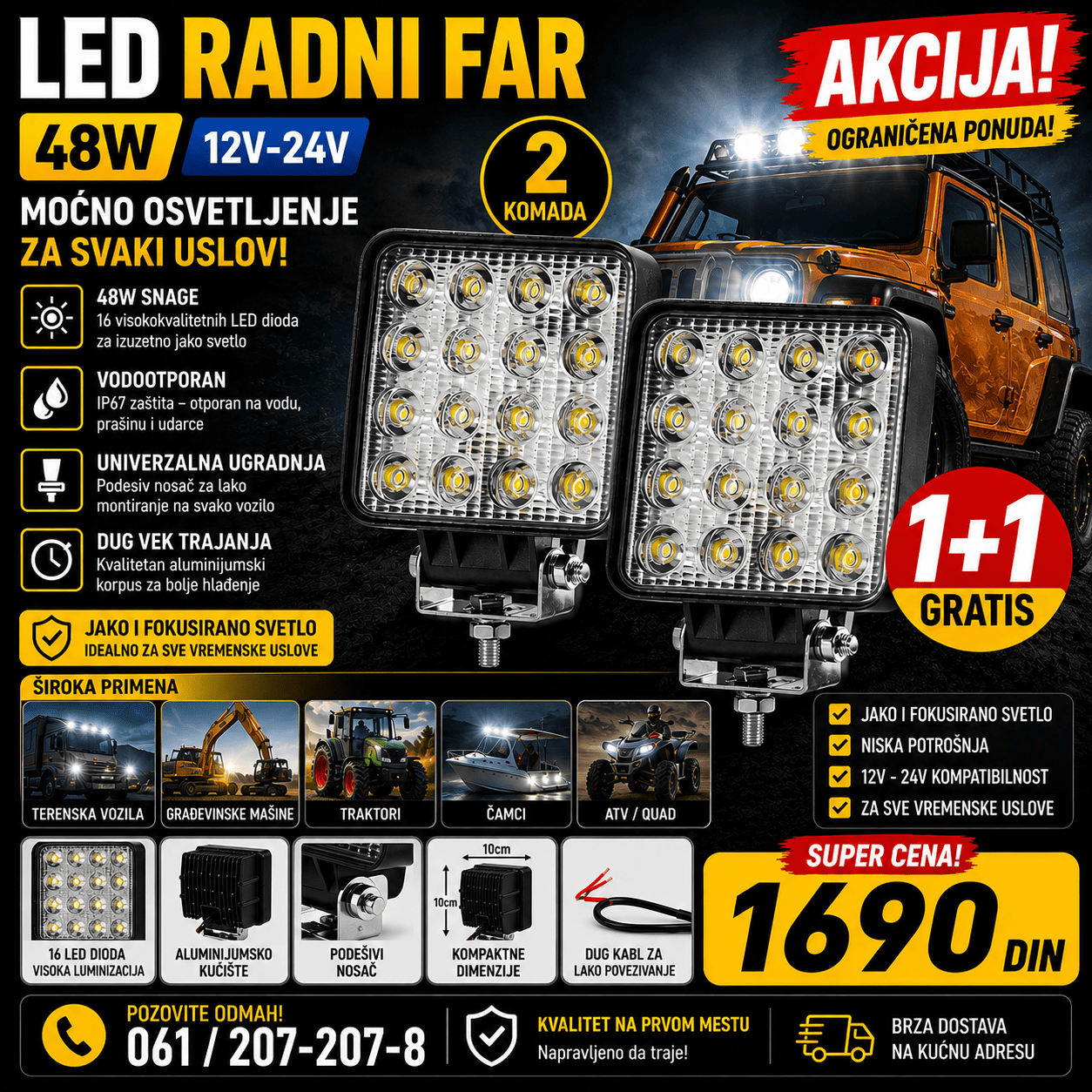 LED radno svetlo 48W 12V–24V sa čvrstim kućištem i nosačem za montažu, praktično za vozila i različite radne mašine.