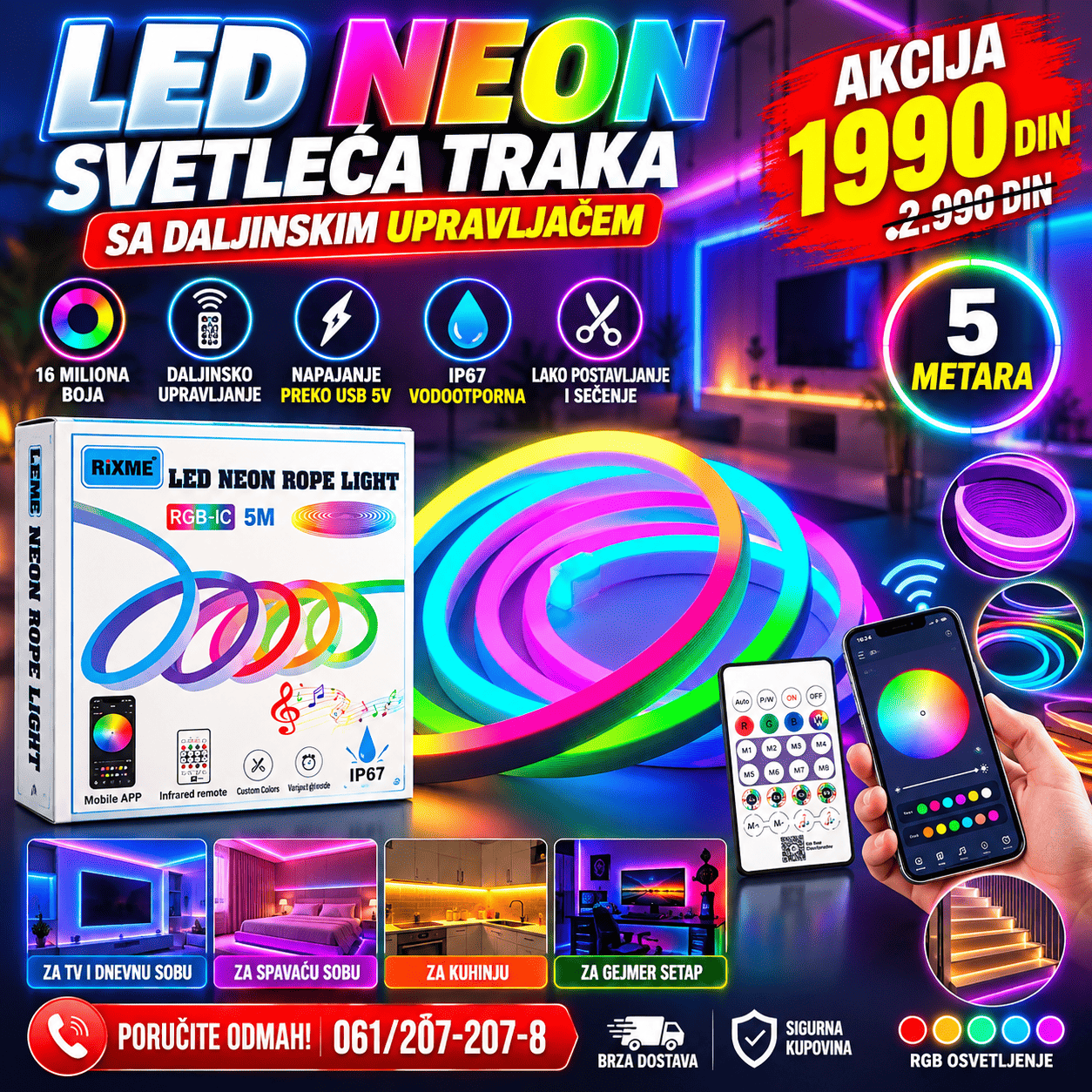 LED NEON svetleća traka 5 metara sa daljinskim upravljačem i RGB višebojnim osvetljenjem za dekoraciju prostora.