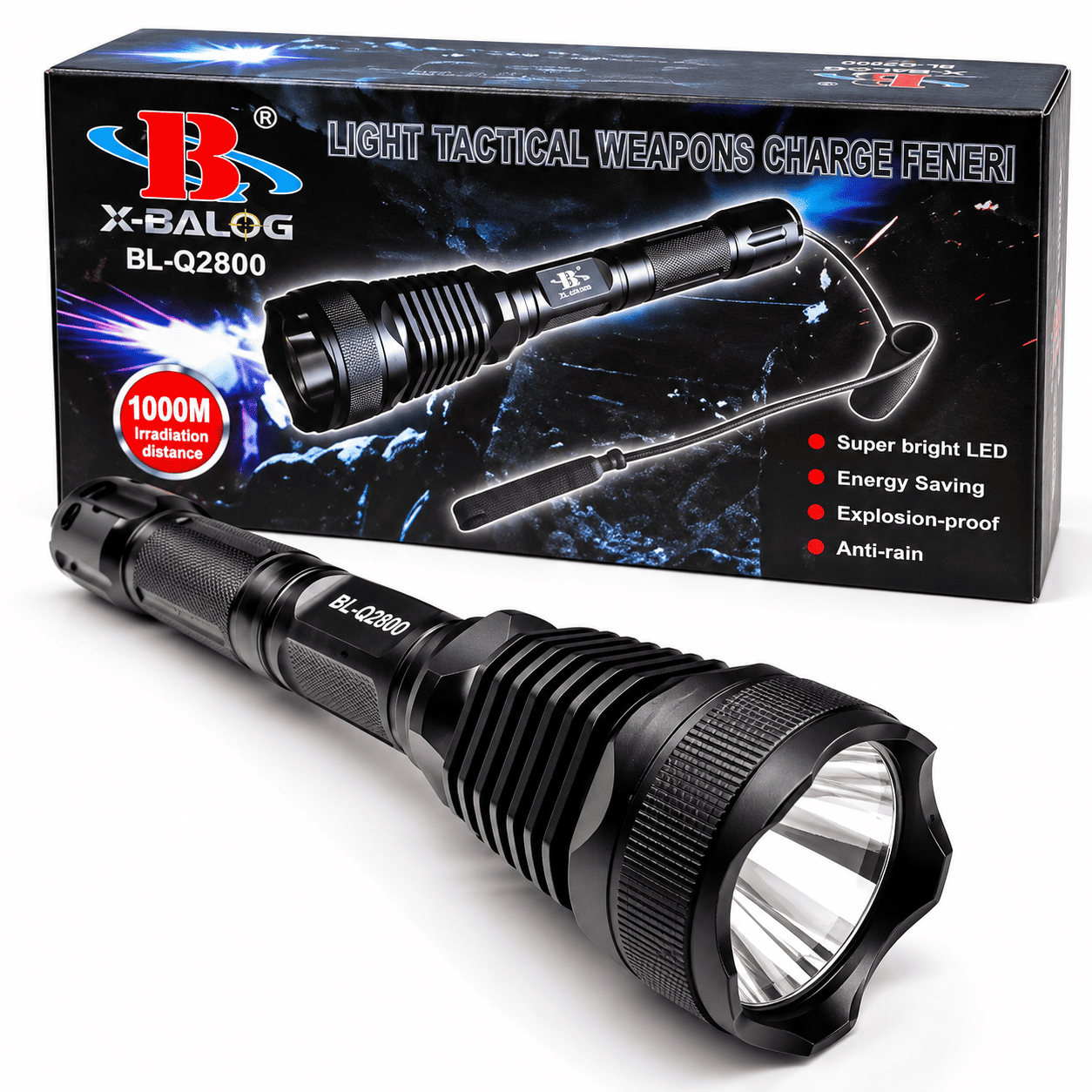 Snažna LED baterijska lampa Police XQ-Q2800 sa dugim dometom osvetljenja, pogodna za radionice, dvorišta, kampovanje i vanredne situacije.