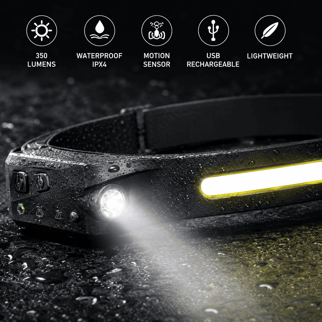 LED lampa za glavu sa elastičnom podesivom trakom, senzorom pokreta i USB punjenjem, namenjena za rad u uslovima slabog osvetljenja.