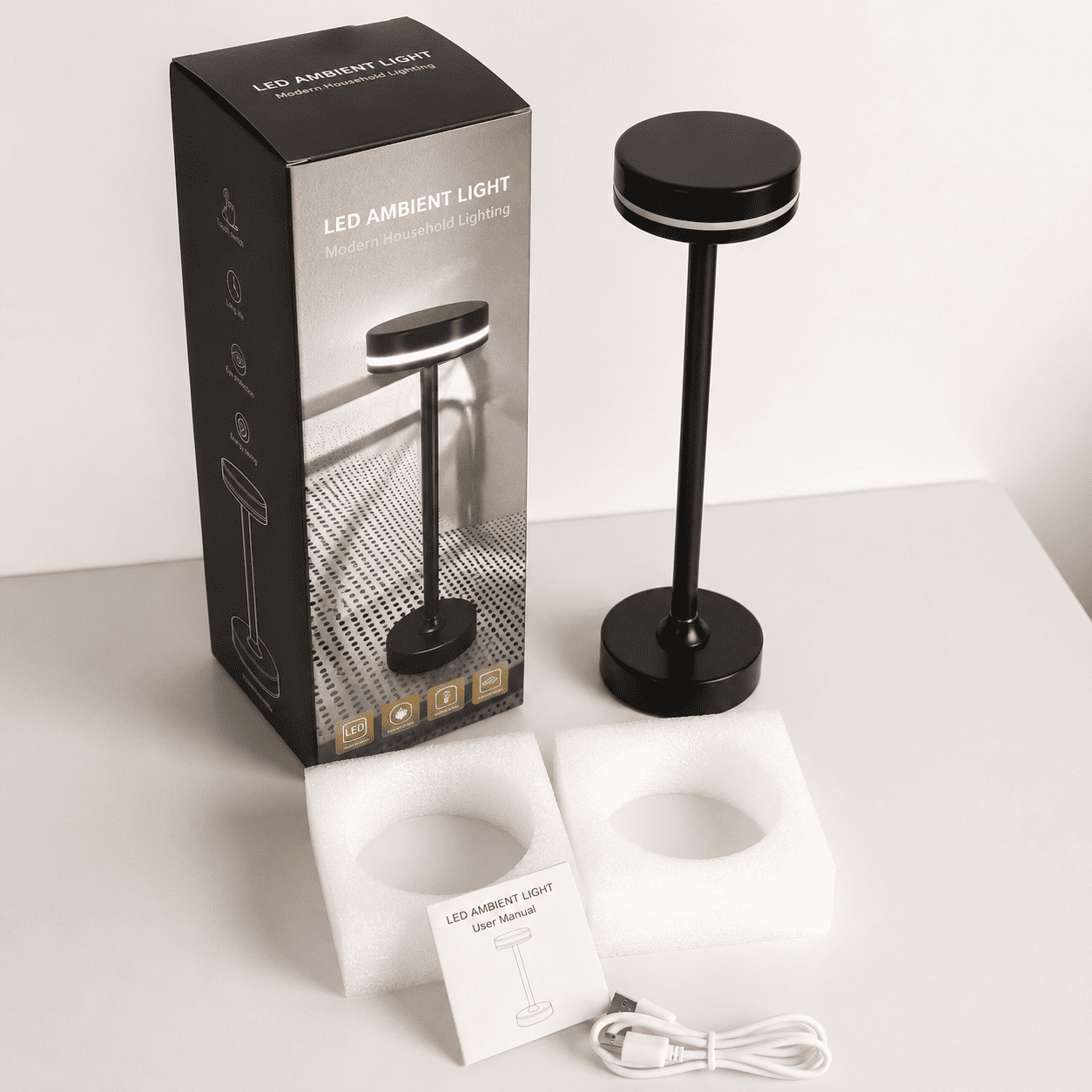 Moderna LED lampa za sto sa Touch kontrolom, punjivom baterijom i USB-C punjenjem, elegantno ambijentalno osvetljenje za kafiće i restorane.