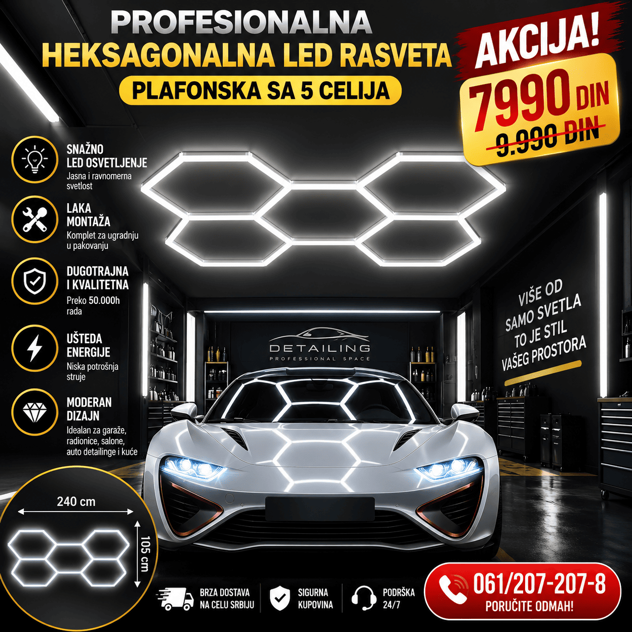 Profesionalna heksagonalna LED plafonska rasveta sa 5 ćelija, snažno i ravnomerno osvetljenje za garaže, radionice i auto detailing prostore.
