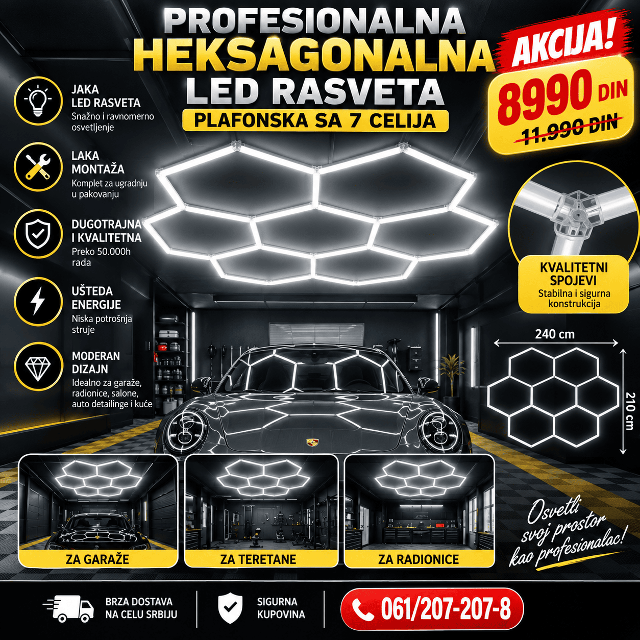 Profesionalna heksagonalna LED plafonska rasveta sa 7 ćelija za snažno i ravnomerno osvetljenje garaže, radionice ili teretane.