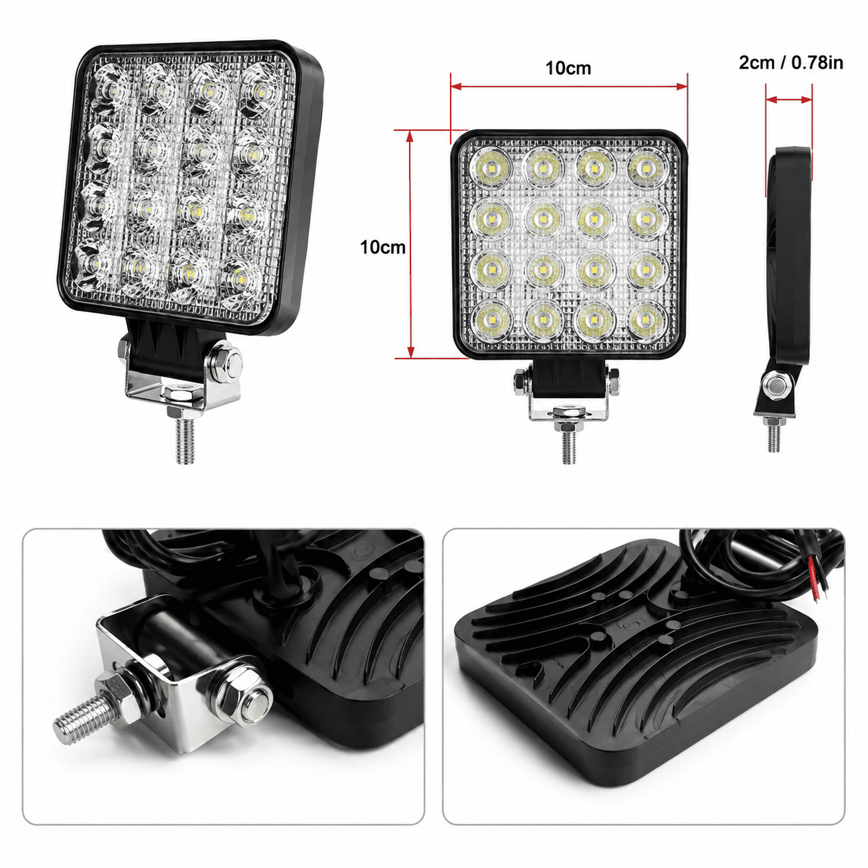 Kompaktni LED radni reflektor 48W 12V–24V sa više LED dioda i podesivim nosačem, praktičan za dodatno osvetljenje vozila i radnog prostora.