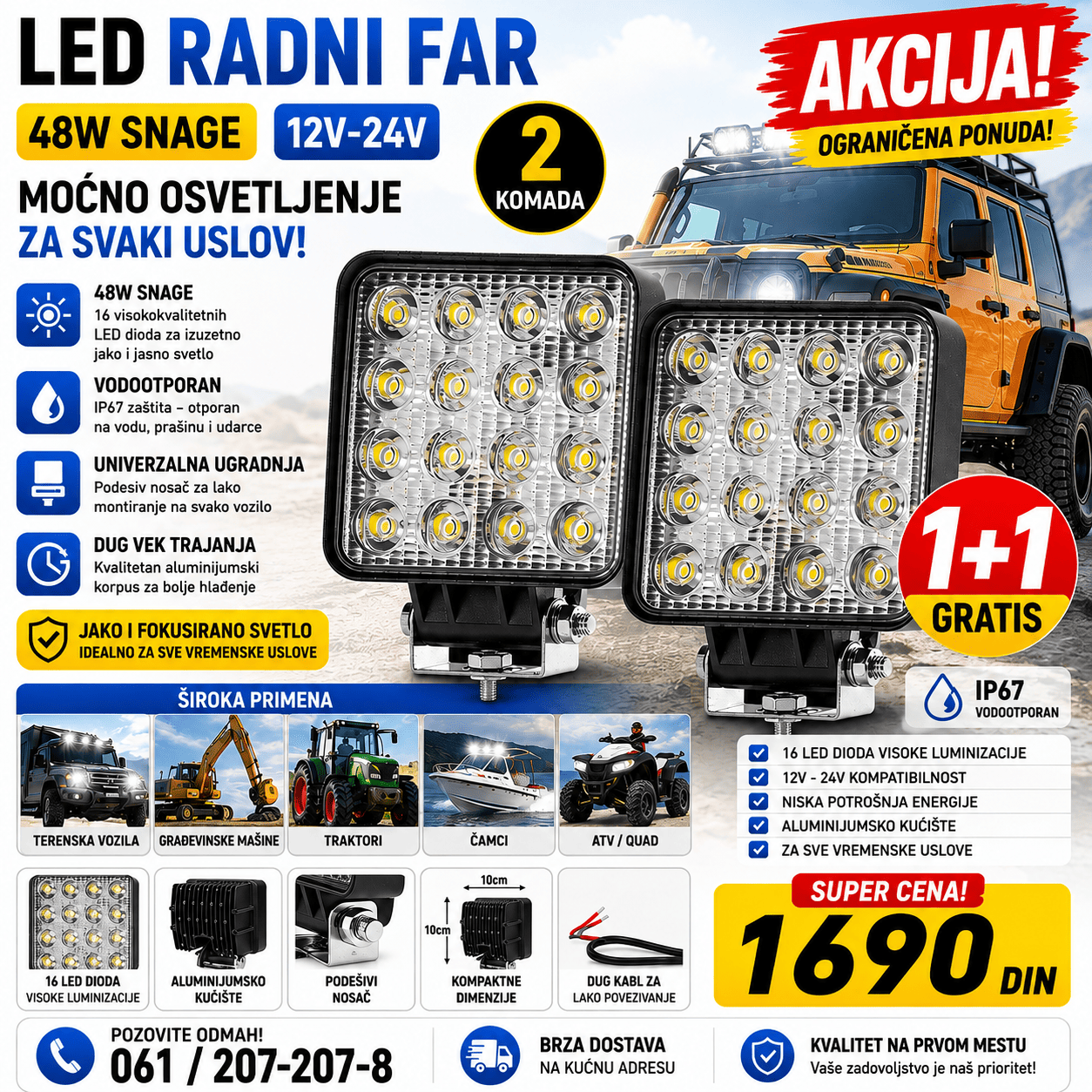 LED radni reflektor 48W za vozila sa napajanjem 12V–24V, namenjen za dodatno osvetljenje automobila, kamiona, traktora i radnih mašina.