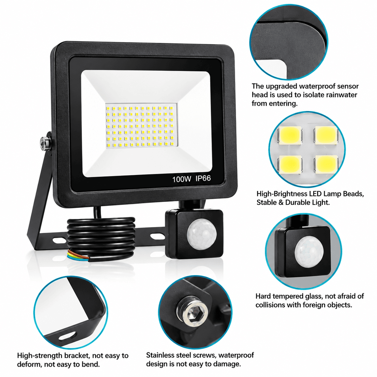 LED reflektor 100W IP66 sa senzorom koji automatski uključuje svetlo kada registruje pokret, idealan za spoljašnju upotrebu.