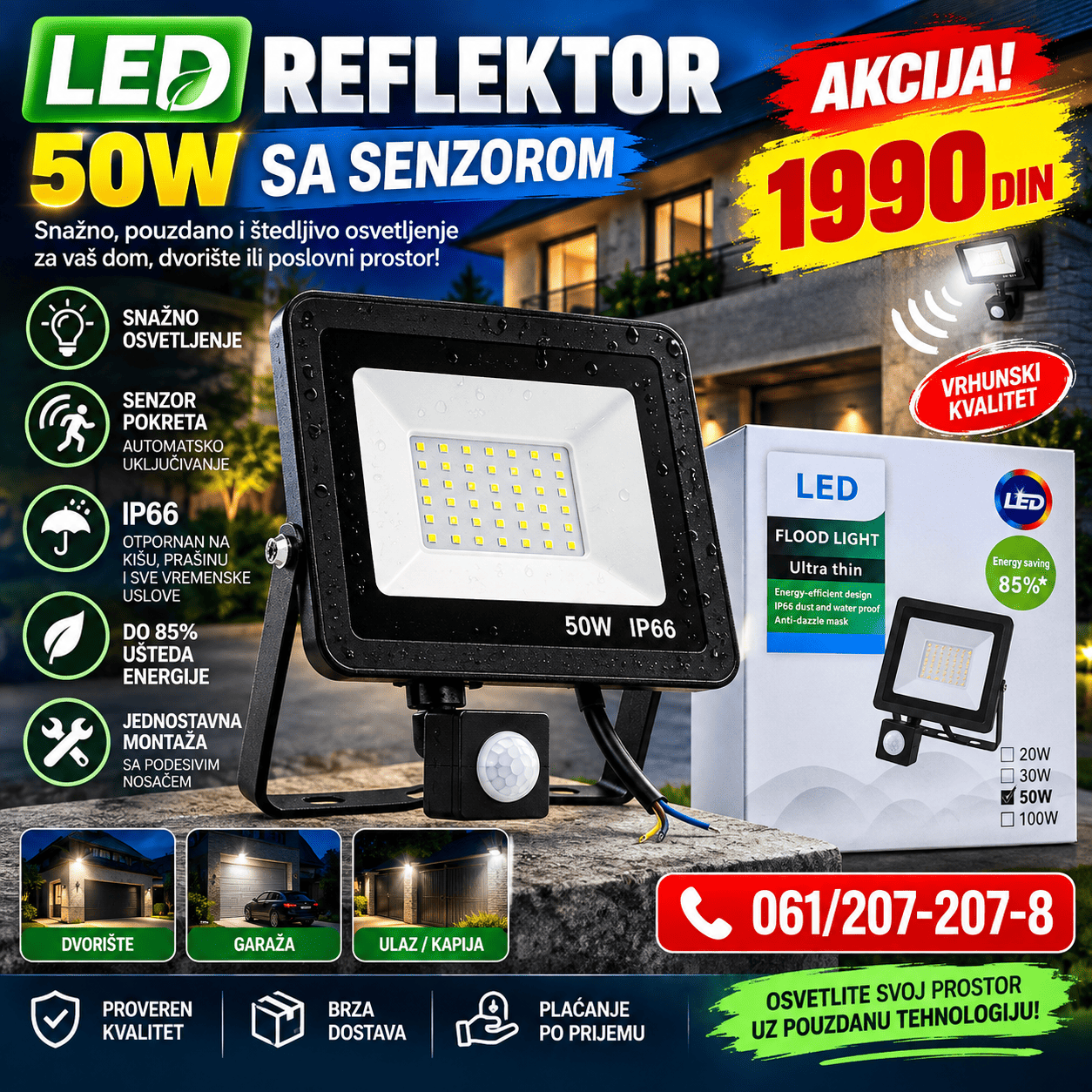 LED reflektor 50W sa senzorom pokreta i IP66 zaštitom, namenjen za snažno i pouzdano spoljašnje osvetljenje.
