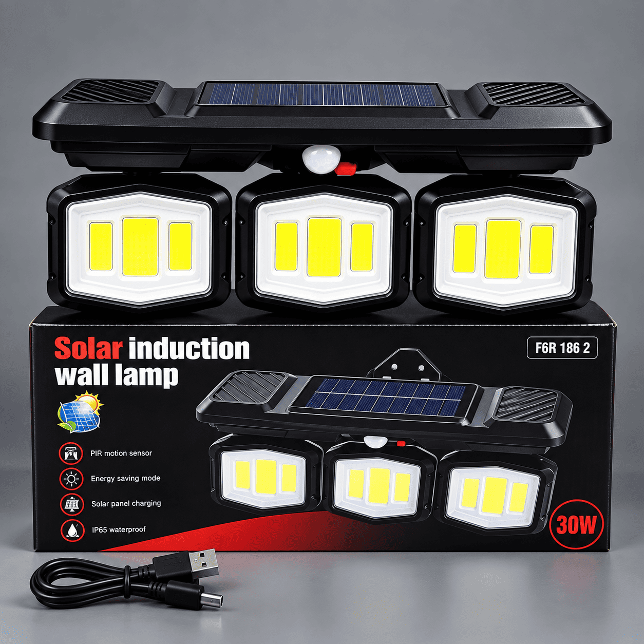 Solarni LED reflektor sa senzorom i tri rotirajuće glave, jednostavan za montažu na zid kuće, garaže ili pomoćnog objekta.
