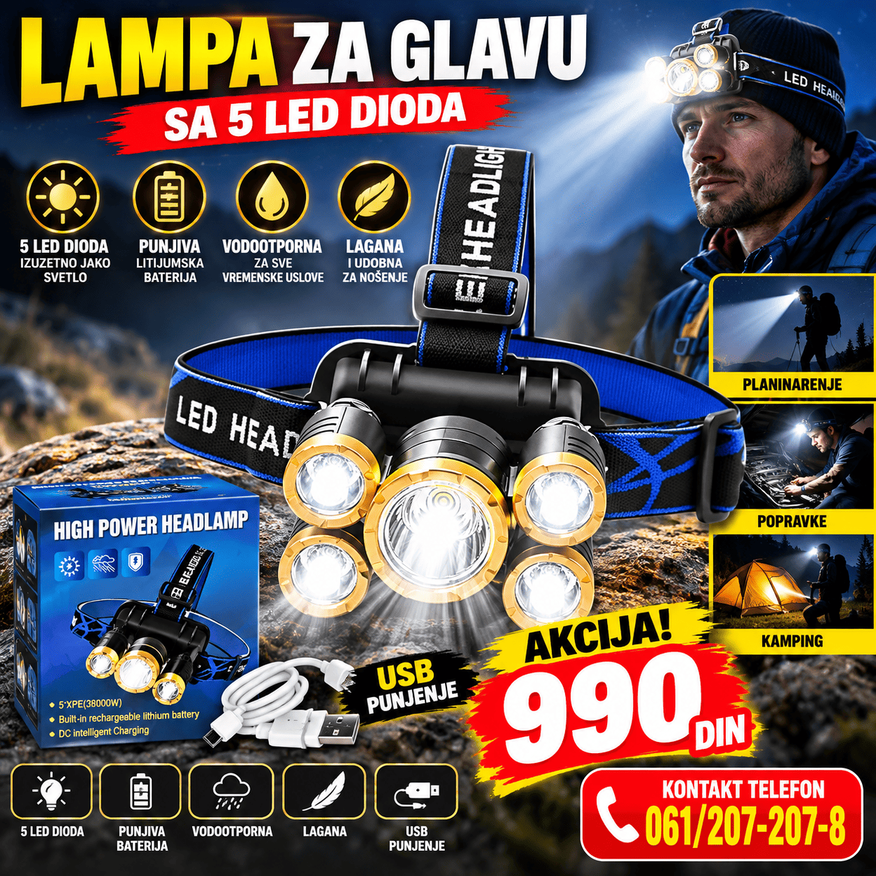 Lampa za glavu sa 5 LED dioda, praktična čeona baterijska lampa sa jakim osvetljenjem za rad, kampovanje, pecanje i aktivnosti na otvorenom.