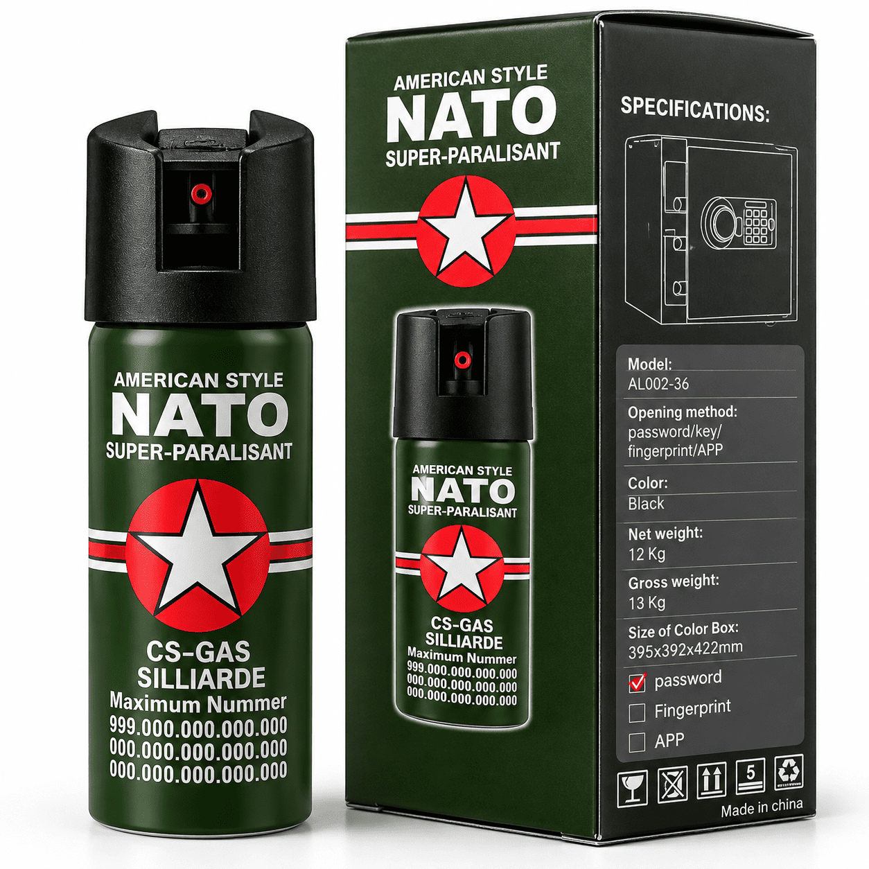 Lampa za samoodbranu Police 1101 sa snažnim LED svetlom i NATO sprejom od 60 ml, kompaktan komplet za ličnu zaštitu.